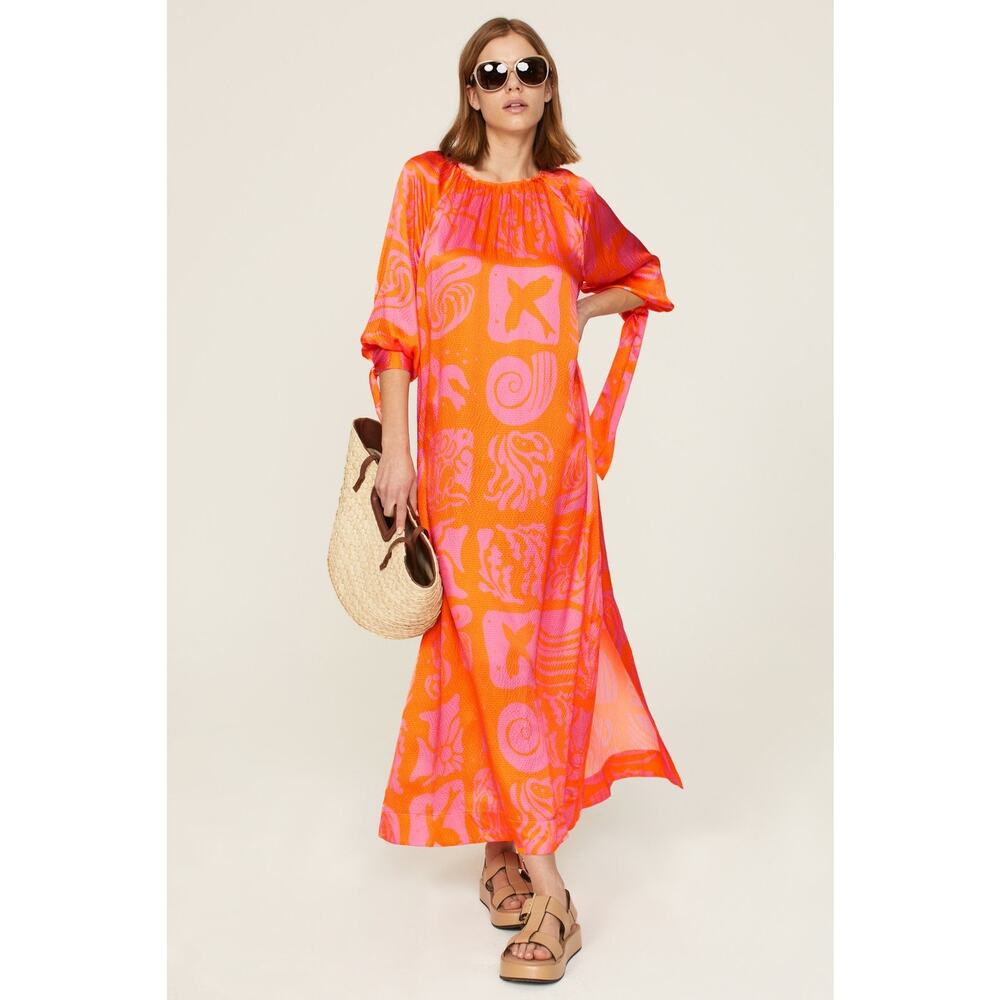 Rodebjer Wava Orange Pink Resortwear Beach Vacation Silk Kaftan Maxi Dress Small